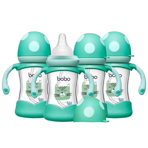 YOHKOH Biberón de vidrio natural con pezón de respuesta natural, biberones de cuello ancho con asa, juego de biberones anticólicos para recién Azul