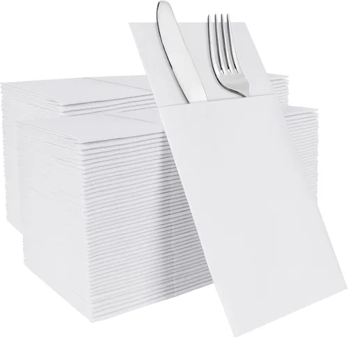 Miniatura 20 de Servilletas rojas desechables con sensación de lino con bolsillo integrado para cubiertos, preplegadas para cuchillos y tenedores, servilletas