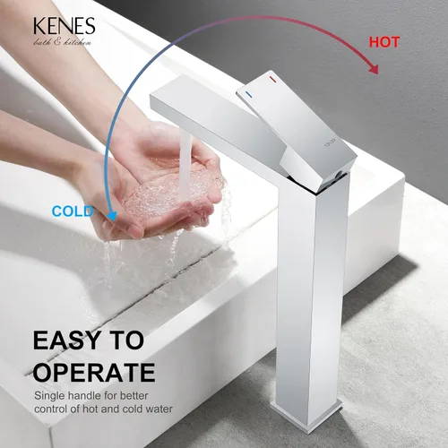 Miniatura 4 de KENES Grifo de lavabo de baño de una sola manija cromada, grifo de lavabo de baño alto con líneas de suministro de agua y desagüe de fregadero Cromo