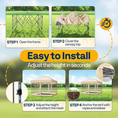 Miniatura 2 de VIVOHOME Toldo desplegable fácil de 8 x 8 pies, tienda de campaña para exteriores con mosquitera, 2 puertas con cremallera y bolsa enrollable