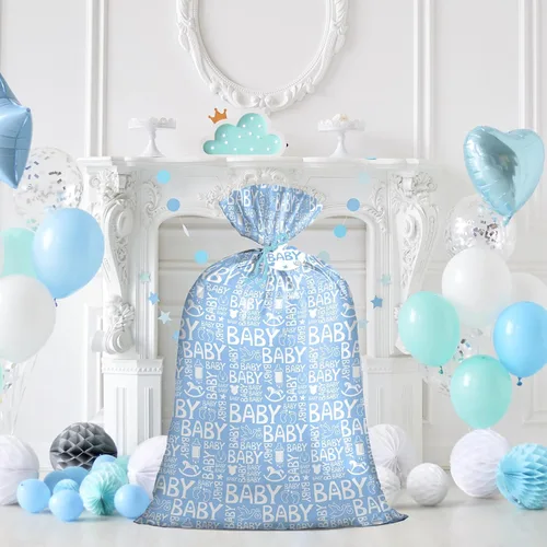 Miniatura 6 de Loveinside Bolsa de regalo jumbo azul grande de plástico, bolsa de plástico con diseño de niña con etiqueta y lazo para cumpleaños, baby shower