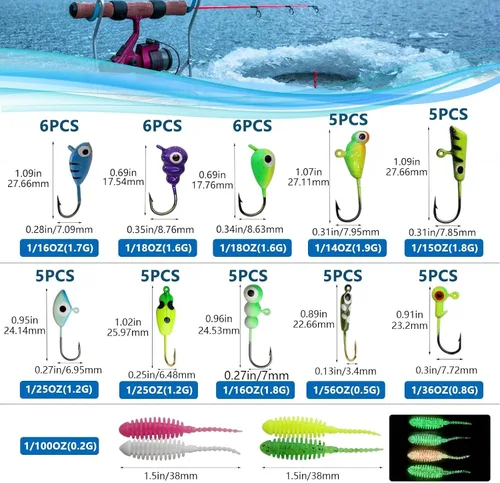Miniatura 4 de Dovesun Ice Fishing Jigs Kit Ice Fishing Lures Glow in The Dark Fishing Gear Lures 20-93Pcs Jig Head with Tackle Box for Panfish Walleye Crappie 93