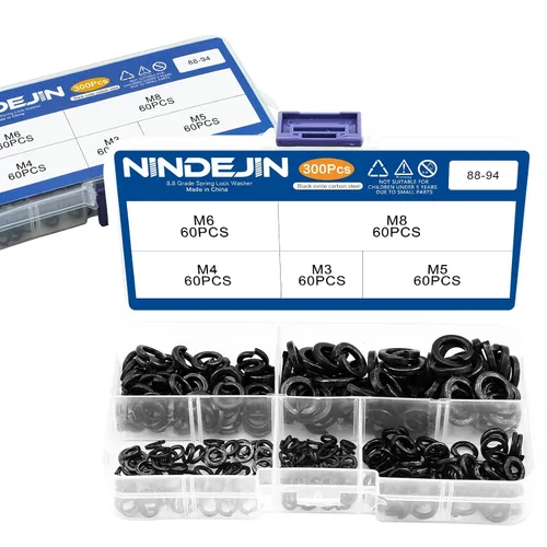 Miniatura 8 de NINDEJIN Juego surtido de 300 arandelas de bloqueo de resorte, M3 M4 M5 M6 M8 de acero al carbono chapado en zinc negro, arandelas divididas