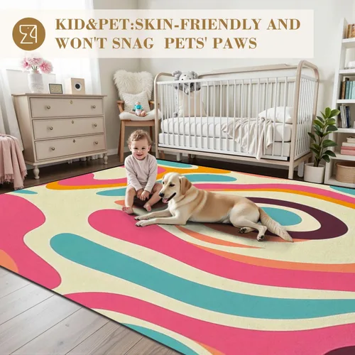 Miniatura 4 de Alfombras bohemias de 6 x 9 pies, estilo retro, psicodélico, psicodélico, ondulado, estilo de los años setenta, abstracto, lavable, alfombra de pelo