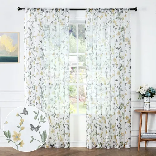 Miniatura 9 de Tollpiz - Cortinas cortas de gasa con estampado floral, con diseño de mariposas y flores azules, cortina de media ventana con bolsillo para barra