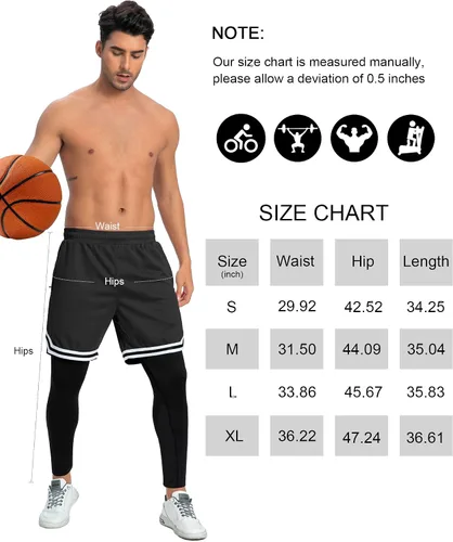 Miniatura 6 de SILKWORLD Pantalones de correr 2 en 1 para hombre, pantalones deportivos de compresión, leggings de entrenamiento con bolsillos con cremallera