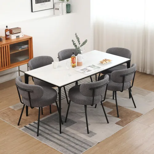 Miniatura 10 de DYHOME Juego de 2 sillas de comedor grises, modernas sillas tapizadas de sherpa boucle de mediados de siglo con cojines de 3.94 pulgadas y patas