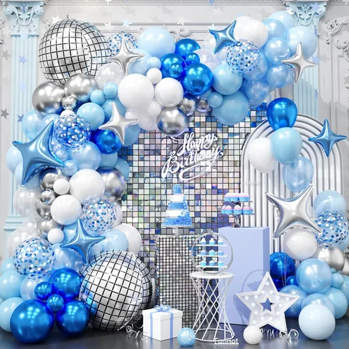FunHot Kit de arco de globos azules y plateados, kit de guirnalda de globos de color azul metálico y blanco plateado con globos de aluminio de
