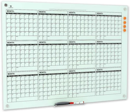 TSJ OFFICE - Pizarrón de cristal calendario - 48 x 36 pulgadas, pizarra de borrado en seco para montar en la pared, planificador anual grande