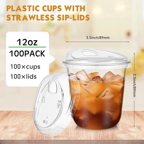 Miniatura 3 de Baderke 100 Vasos de Plástico con Tapas para Sorber Fondo Redondo Vasos de Café de Plástico Desechables con Tapas Tazas de Cristal Transparentes sin