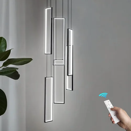 Miniatura 21 de Lámpara Colgante Moderna de Altura Ajustable Luminaria Negra 252W LED Luces Colgantes 12 Anillos Candelabro Rectangular Escalera Candelabro Grande