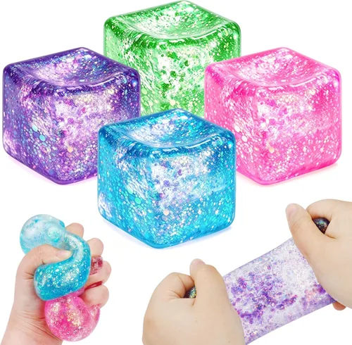 Paquete de 4 cubos de hielo con purpurina, bolas de estrés para adultos y niños, juguetes de alivio del estrés de aumento lento, bola para apretar