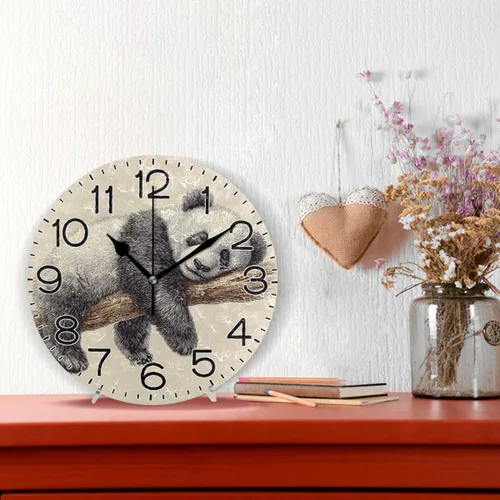 Miniatura 2 de ALAZA Reloj de pared con diseño de oso panda, funciona con pilas, silencioso, de cuarzo, analógico, rústico, estilo rústico, redondo, decoración