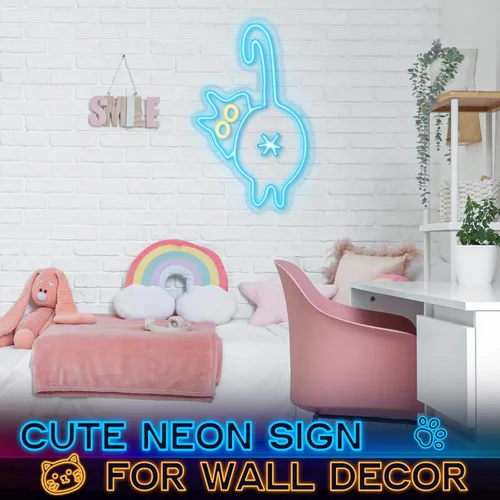 Miniatura 5 de Retisee Letrero de neón de gato con brillo ajustable, interruptor USB, decoración de pared, adorable letrero de neón para dormitorio, zoológico