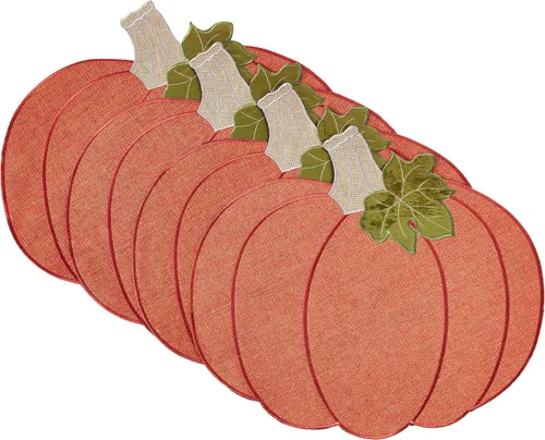 Miniatura 8 de Violet Linen Juego de 4 manteles individuales decorativos con diseño de calabaza de otoño de cosecha de Acción de Gracias, apliques bordados
