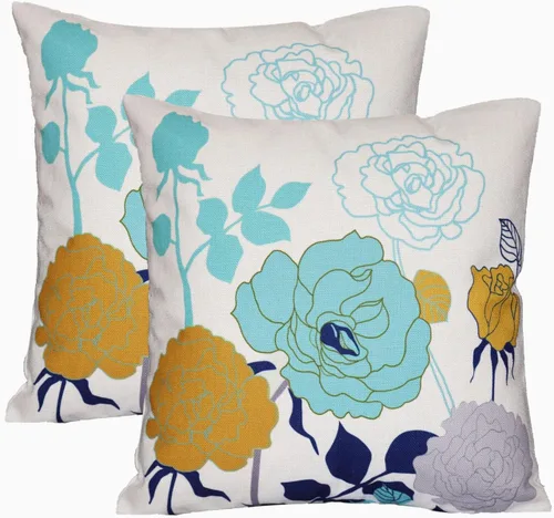 Miniatura 12 de Juego de 2 fundas de almohada de lino y algodón para sofá, 7.1 x 7.1 pulgadas, serie de pájaros y flores, mezcla de algodón, Amarillo y agua