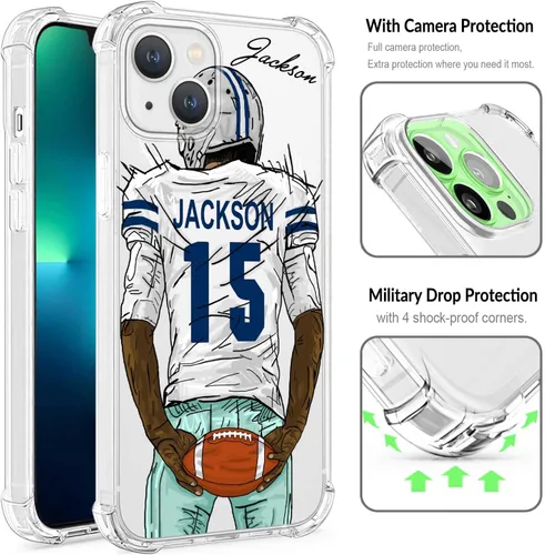 Miniatura 3 de Funda personalizada con nombre y número transparente para fútbol para iPhone 17 Pro Max 16 15 Plus 14 13 Mini 12 11 Xs Max Xr SE3, con 4 esquinas a