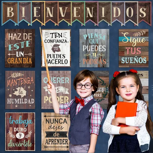 Miniatura 5 de 21 carteles inspiradores españoles de Bienvenidos, estilo industrial retro, póster motivacional español, juego de tablones de anuncios para el aula