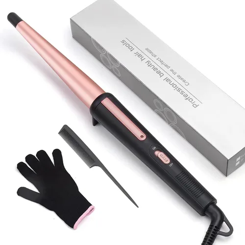 Rizador de pelo, rizador cónico de 0.5 a 1 pulgada, rizador de pelo profesional de cerámica con guante resistente al calor, doble voltaje (rosa)