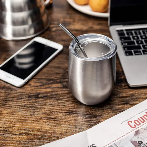 Miniatura 5 de COMOOO Vaso de vino aislado de 12 onzas con tapa, vaso de vino de acero inoxidable sin tallo, vaso de vino de doble pared al vacío con pajita, café