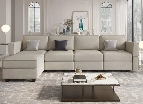 Miniatura 17 de Belffin Sofá modular en forma de U con tumbonas reversibles, de terciopelo, con asiento de almacenamiento, color negro