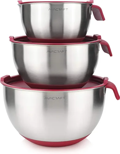AVACRAFT Tazones para mezclar de acero inoxidable 18/10 con tapas, tazones con base de silicona antideslizante con mango, juego de tazones para Rojo