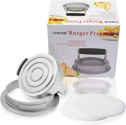 Miniatura 6 de OVOS Prensa de hamburguesas de grosor ajustable 3 en 1, molde antiadherente de aluminio para hacer hamburguesas con 100 papeles de cera