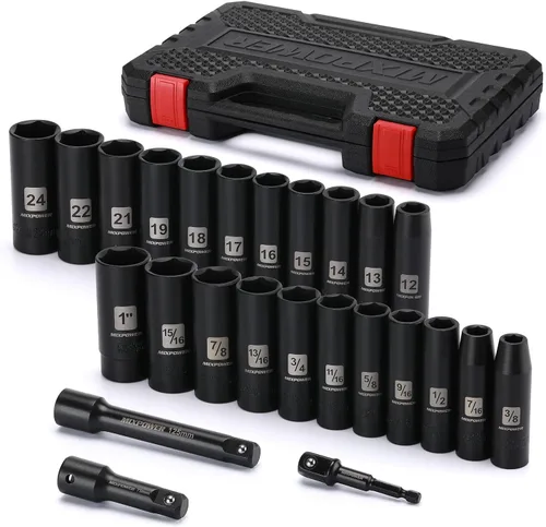 MIXPOWER 25 piezas de juego de llaves de impacto de profundidad de 1/2 pulgada, CR-V, métrico/SAE, incluye 12 mm a 24 mm, 3/8 pulgada a 1 pulgada,