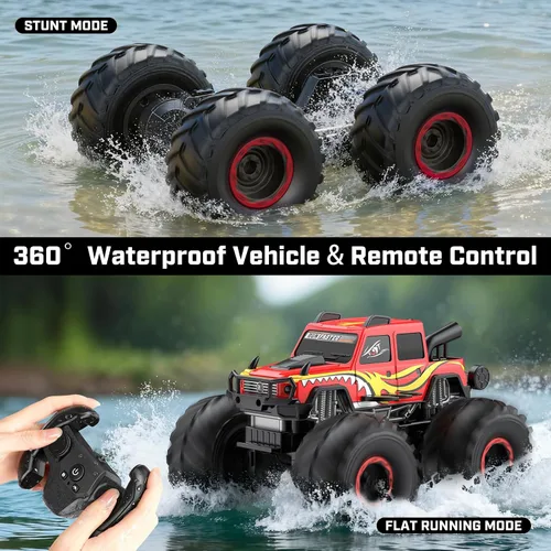 Miniatura 2 de WayEee Coche de juguete a control remoto para niños de 6 años en adelante, juguete de camión monstruo impermeable, camioneta anfibia 4 x 4, Rojo