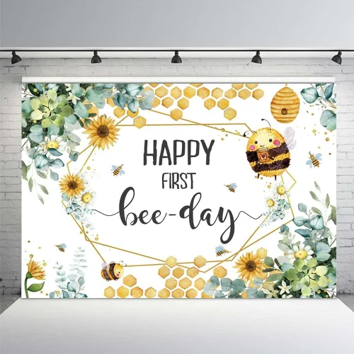 MEHOFOND Telón de fondo para el primer día de las abejas con texto en inglés «Happy First Bee-Day» para fiesta de cumpleaños de niño y niña, panal,