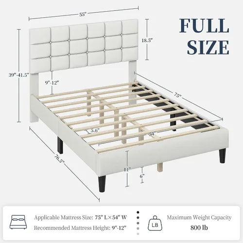 Miniatura 2 de Yaheetech Marco de Cama Tapizado, Plataforma de Cama Full Moderna con Cabecera de Costura Cuadrada y Capitoné con Botones, Altura Ajustable, Soporte