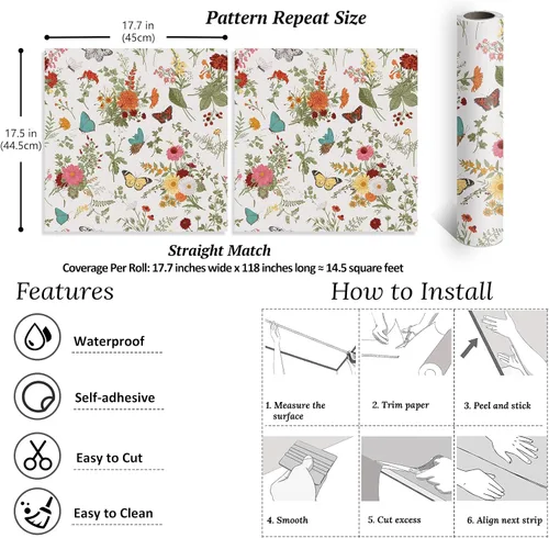 Miniatura 8 de VEELIKE Papel tapiz de 17.7 x 118 pulgadas con diseño de mariposas y caléndulas florales, para dormitorio, baño, guardería, papel de contacto floral