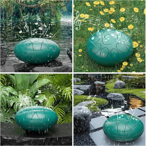 Miniatura 6 de Tambor de lluvia para jardín exterior, tambor de lengua de acero de 8 pulgadas con 11 notas, carillón de lluvia impermeable para meditación, Azul