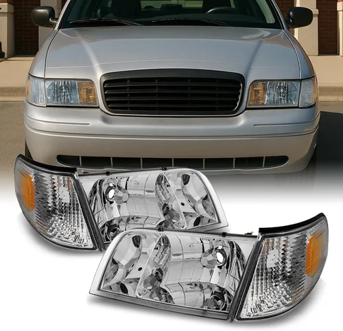 AKKON - Juego de 4 faros delanteros transparentes de repuesto para Ford Crown Victoria con lámparas de esquina, 4 piezas izquierda + derecha