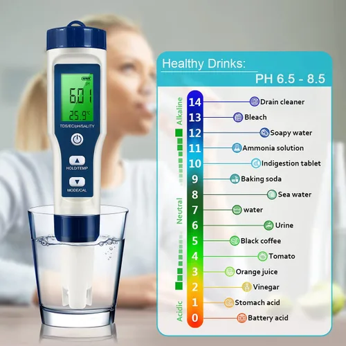 Miniatura 4 de Medidor de pH 5 en 1 LFS TDS, medidor de pH digital de alta precisión 0.01 para agua, probador de PH/TDS/EC/sal/temperatura, medidor de PPM