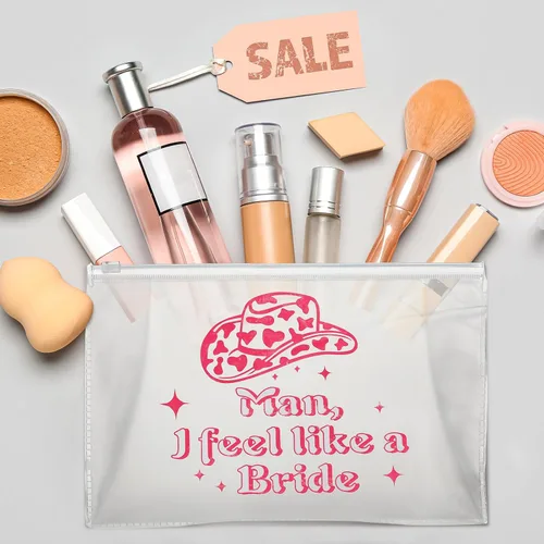 Miniatura 6 de Layhit 8 bolsas de maquillaje de despedida de soltera de color rosa con texto en inglés "Let's Go", suministros de decoración para niñas, retro