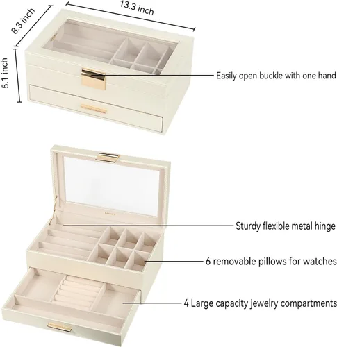 Miniatura 3 de LANDICI Caja de reloj para hombres y mujeres, 2 capas de piel sintética, organizador de relojes, caja de almacenamiento grande, caja de joyería