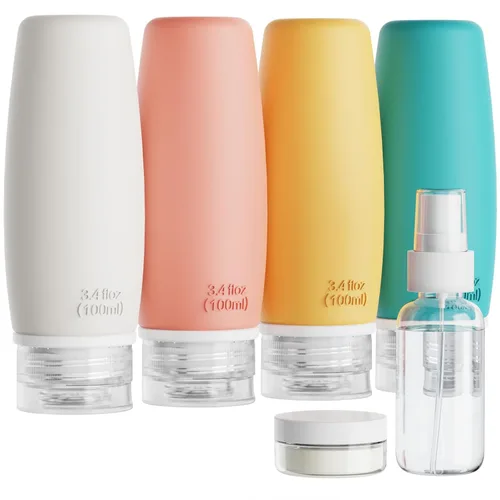 Miniatura 10 de PACKISM Paquete de 5 bolsas de aseo aprobadas por la TSA con botellas, kit de contenedor de viaje de silicona de 3 onzas a prueba de fugas