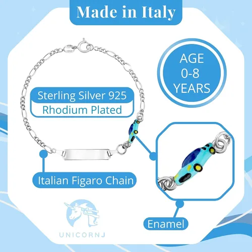 Miniatura 3 de UNICORNJ 925 Italy Sterling Silver Child or Baby Name Bracelet Girls Boys, Personalized Engraved Kids ID Bracelets, 6.5" Figaro Chain, Enamel Charm