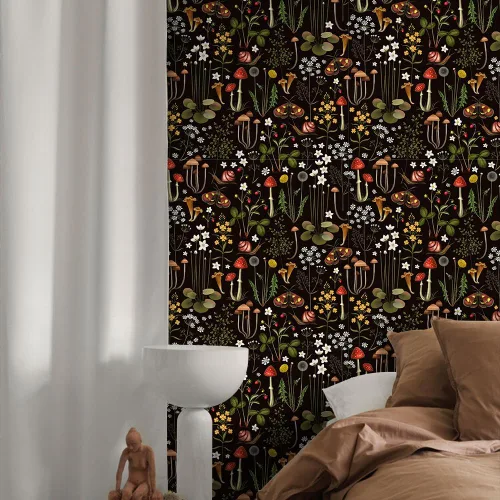 Miniatura 5 de Papel de contacto Boho negro de despegar y pegar con diseño de setas/caracoles/flores silvestres/mariposas, papel pintado extraíble decorativo