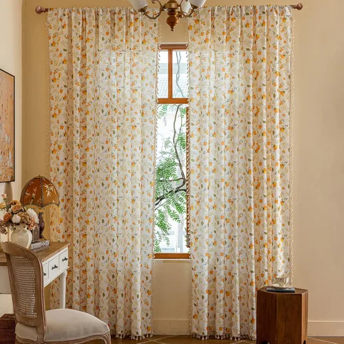Miniatura 32 de ENJOYBRIDAL - Cortinas azules florales de 63 pulgadas, juego de 2 paneles, cortinas semi transparentes, cortinas cortas para sala de estar, bolsillo