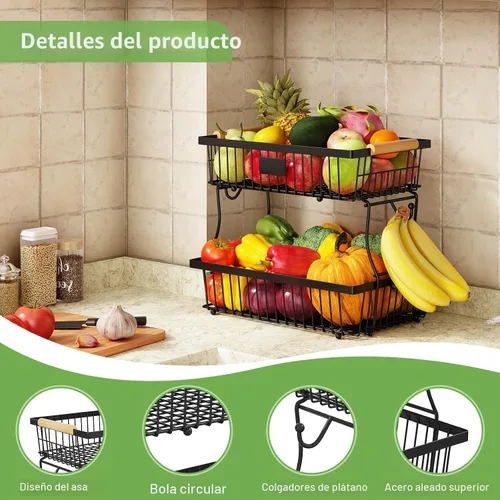 Miniatura 5 de Cesta de frutas de 2 niveles para encimera de cocina con 2 ganchos para plátanos, cesta de pan de metal para encimera con mango de madera, soporte