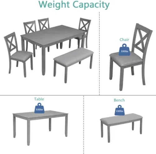 Miniatura 5 de Juego de mesa de comedor de 6 piezas para 4-6 personas, juego de cocina con 4 sillas tapizadas y un banco, sillas de sala de estar con respaldo