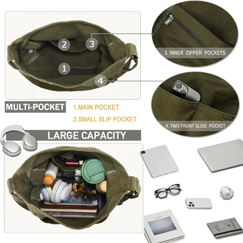 Miniatura 3 de Bolsa de lona casual Hobo Crossbody bolsa de hombro para mujeres y hombres, bolso grande bolso mensajero bolsa de viaje trabajo