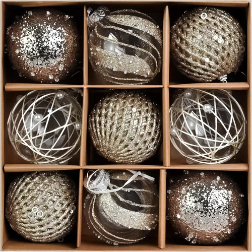 9 adornos de Navidad irrompibles de color champán, bolas colgantes de lentejuelas con purpurina de 3.15 pulgadas, decoración de plástico para árbol