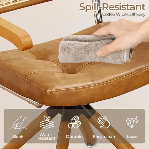Miniatura 7 de Zouron Silla de escritorio de ratán sin ruedas, sillón tapizado de piel sintética, silla de oficina giratoria con respaldo de caña natural y patas