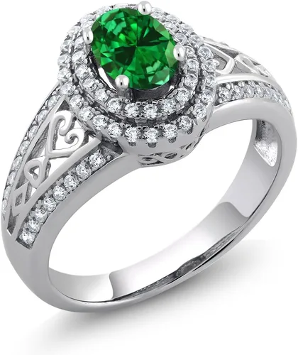 Miniatura 57 de Anillo de compromiso con halo de piedra preciosa y piedra natal en plata chapada en oro amarillo de 18 quilates, ovalado, 0.236 x 0.157 pulgadas