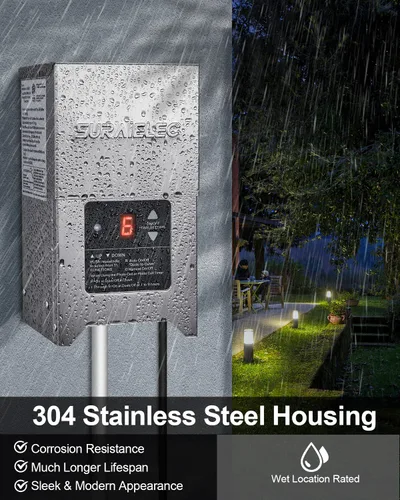 Miniatura 5 de SURAIELEC Transformador de paisaje de bajo voltaje, transformador de luz al aire libre de 300 W con temporizador y sensor de fotocélula, 120 V a 12