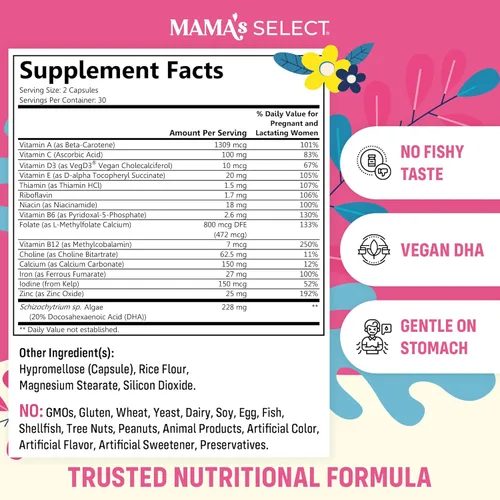 Miniatura 2 de Vitaminas prenatales Mama's Select con DHA vegano – Sin pescado, sin eructos de pescado, sin alérgenos, apoyo MTHFR, ácido fólico metilado