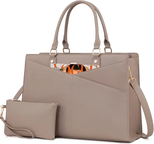 Miniatura 54 de LOVEVOOK Bolsa de mano para computadora portátil para mujer, bolsas de trabajo de cuero de 15.6 pulgadas con soporte grande para tazas para Negro